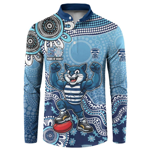 Personalized Geelong Cats Football Mascot Button Sweatshirt Aboriginal Dot Art Style Vibrant Indigenous Pattern Design