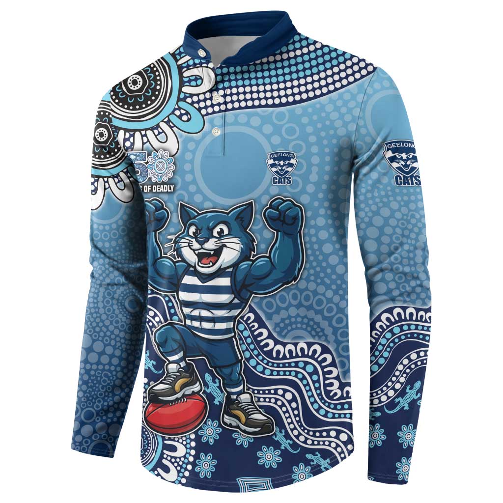 Personalized Geelong Cats Football Mascot Button Sweatshirt Aboriginal Dot Art Style Vibrant Indigenous Pattern Design