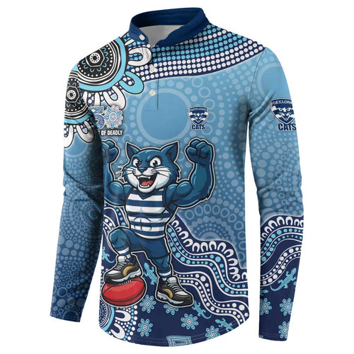 Personalized Geelong Cats Football Mascot Button Sweatshirt Aboriginal Dot Art Style Vibrant Indigenous Pattern Design