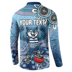 Personalized Geelong Cats Football Mascot Button Sweatshirt Aboriginal Dot Art Style Vibrant Indigenous Pattern Design