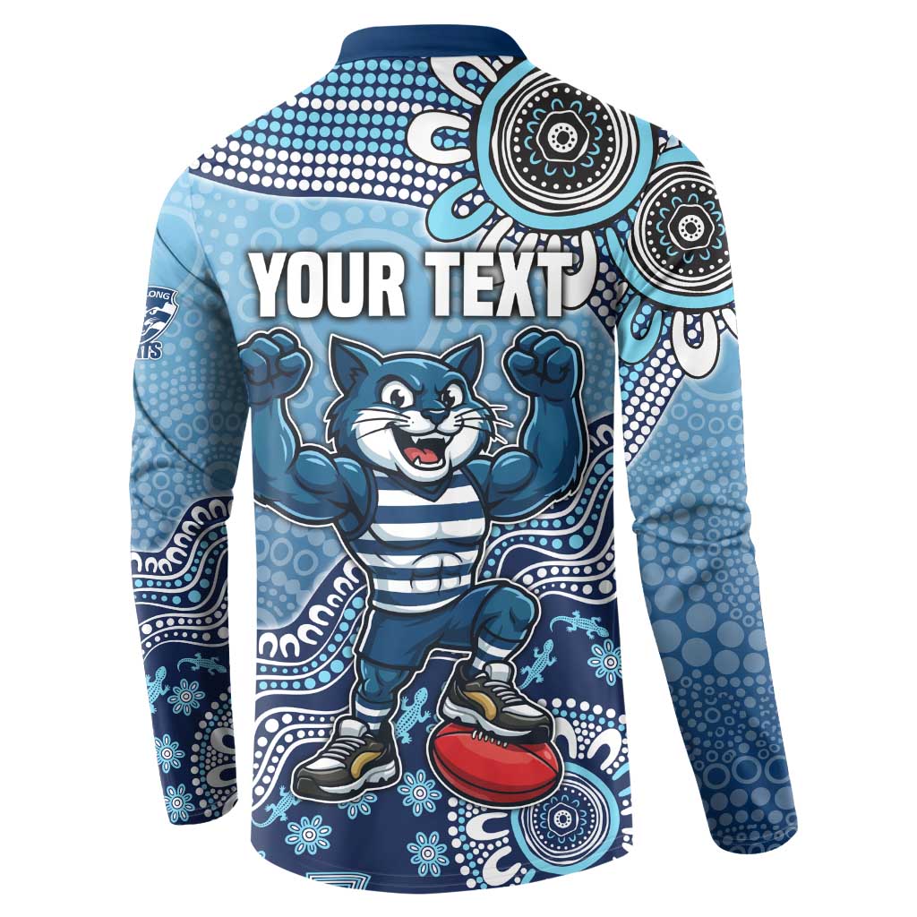 Personalized Geelong Cats Football Mascot Button Sweatshirt Aboriginal Dot Art Style Vibrant Indigenous Pattern Design