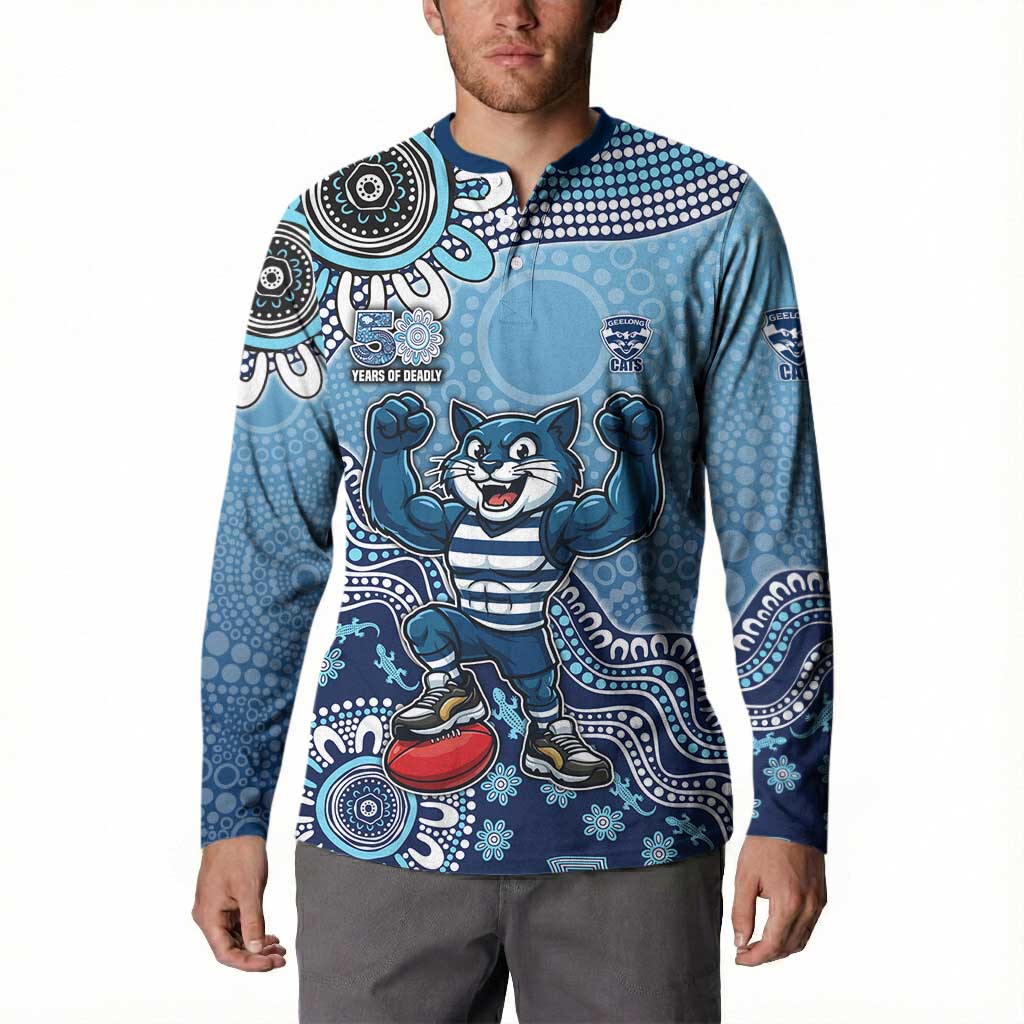 Personalized Geelong Cats Football Mascot Button Sweatshirt Aboriginal Dot Art Style Vibrant Indigenous Pattern Design