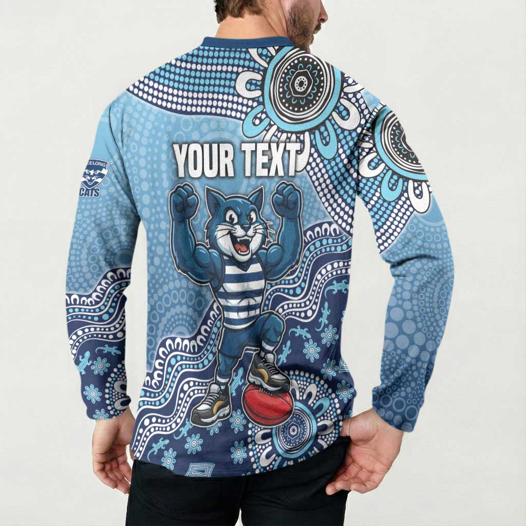 Personalized Geelong Cats Football Mascot Button Sweatshirt Aboriginal Dot Art Style Vibrant Indigenous Pattern Design