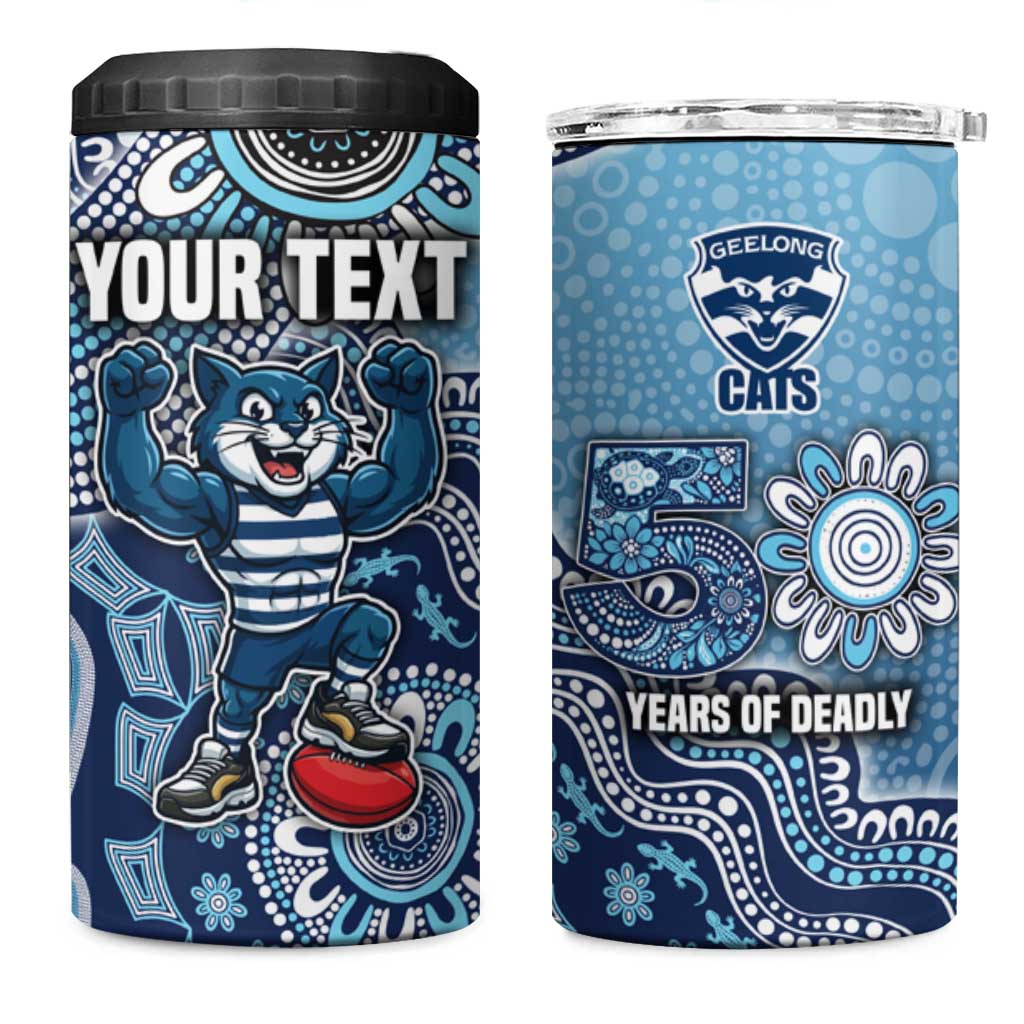 Personalized Geelong Cats Football Mascot 4 in 1 Can Cooler Tumbler Aboriginal Dot Art Style Vibrant Indigenous Pattern Design