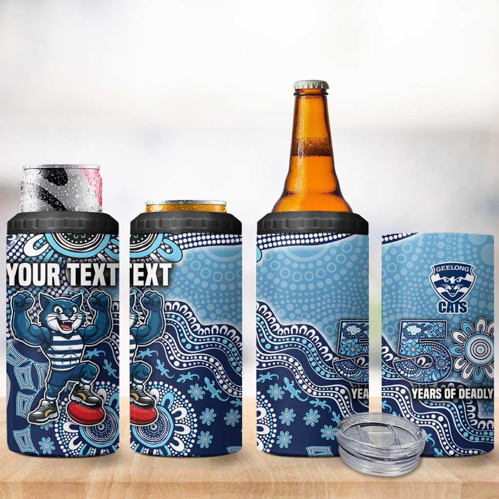 Personalized Geelong Cats Football Mascot 4 in 1 Can Cooler Tumbler Aboriginal Dot Art Style Vibrant Indigenous Pattern Design