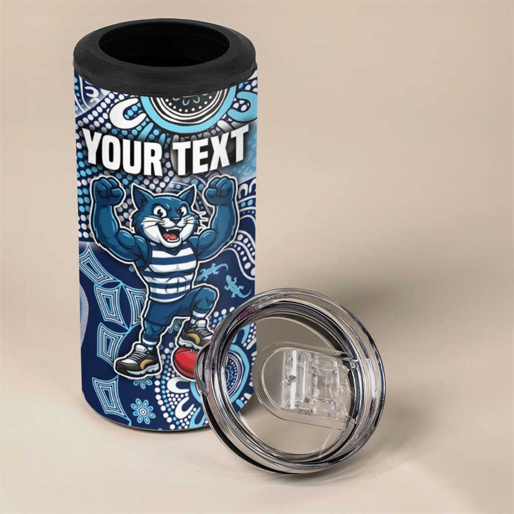 Personalized Geelong Cats Football Mascot 4 in 1 Can Cooler Tumbler Aboriginal Dot Art Style Vibrant Indigenous Pattern Design