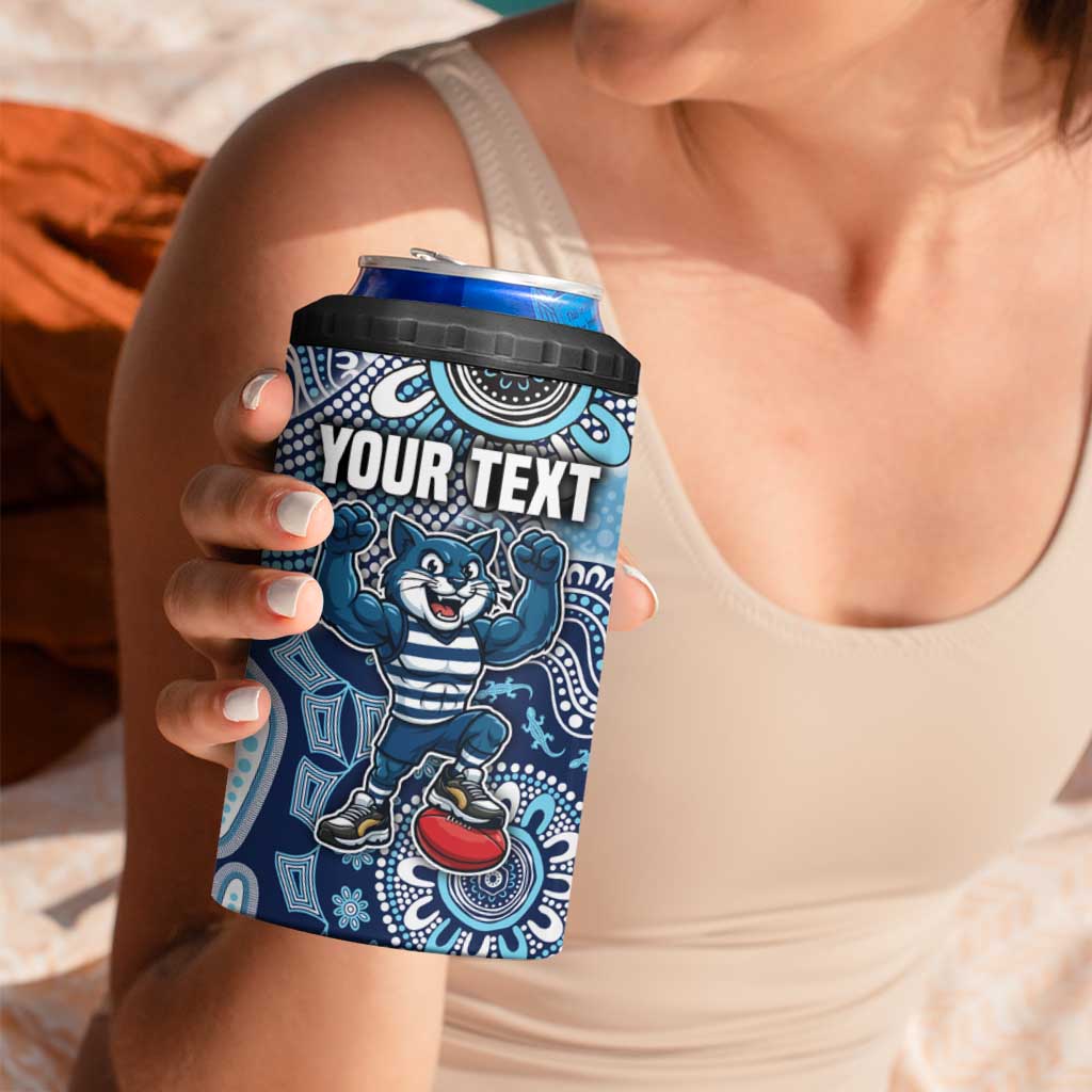 Personalized Geelong Cats Football Mascot 4 in 1 Can Cooler Tumbler Aboriginal Dot Art Style Vibrant Indigenous Pattern Design