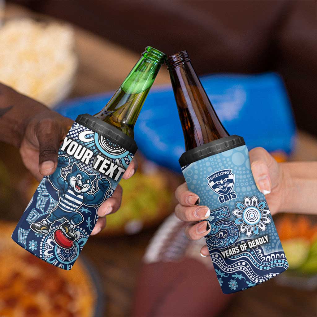 Personalized Geelong Cats Football Mascot 4 in 1 Can Cooler Tumbler Aboriginal Dot Art Style Vibrant Indigenous Pattern Design