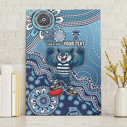 Personalized Geelong Cats Football Mascot Canvas Wall Art Aboriginal Dot Art Style Vibrant Indigenous Pattern Design