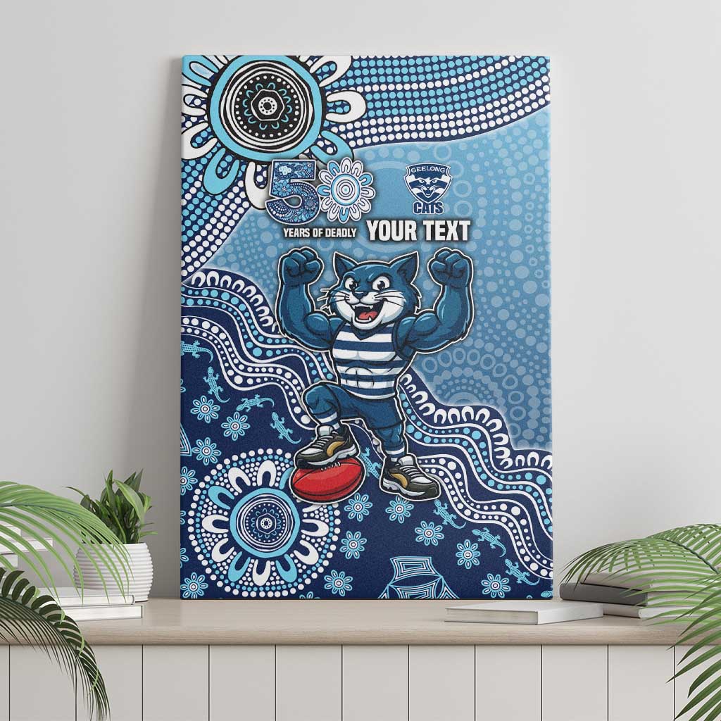 Personalized Geelong Cats Football Mascot Canvas Wall Art Aboriginal Dot Art Style Vibrant Indigenous Pattern Design