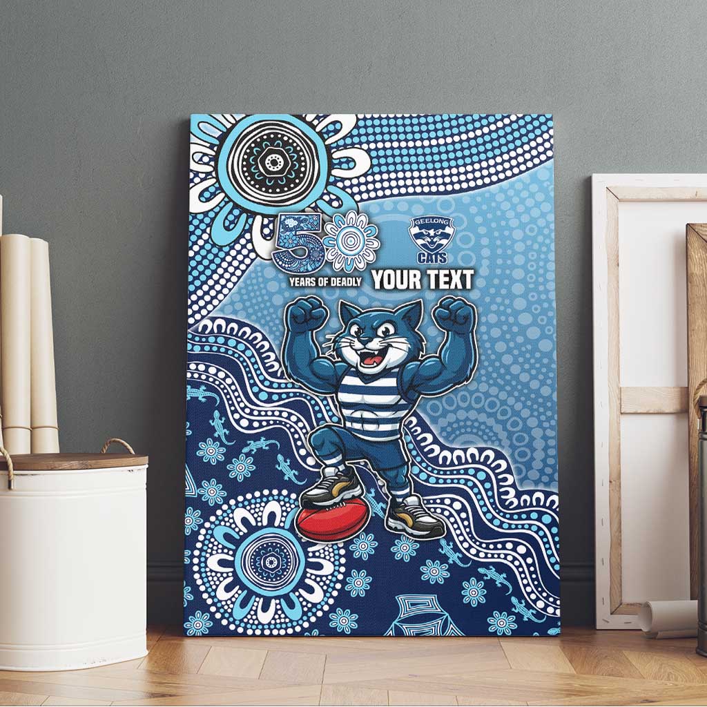 Personalized Geelong Cats Football Mascot Canvas Wall Art Aboriginal Dot Art Style Vibrant Indigenous Pattern Design