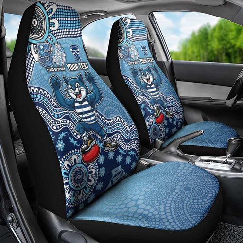 Personalized Geelong Cats Football Mascot Car Seat Cover Aboriginal Dot Art Style Vibrant Indigenous Pattern Design