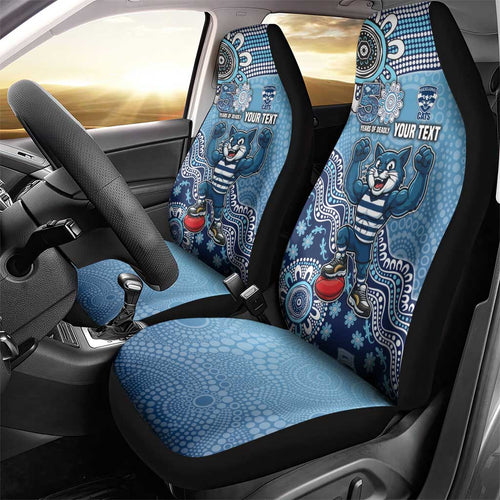 Personalized Geelong Cats Football Mascot Car Seat Cover Aboriginal Dot Art Style Vibrant Indigenous Pattern Design