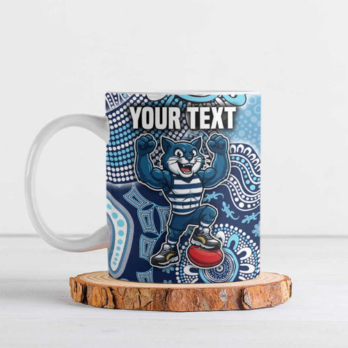 Personalized Geelong Cats Football Mascot Ceramic Mug Aboriginal Dot Art Style Vibrant Indigenous Pattern Design