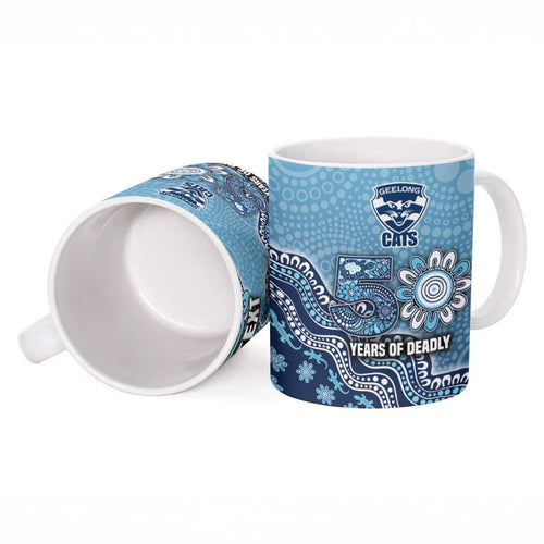 Personalized Geelong Cats Football Mascot Ceramic Mug Aboriginal Dot Art Style Vibrant Indigenous Pattern Design