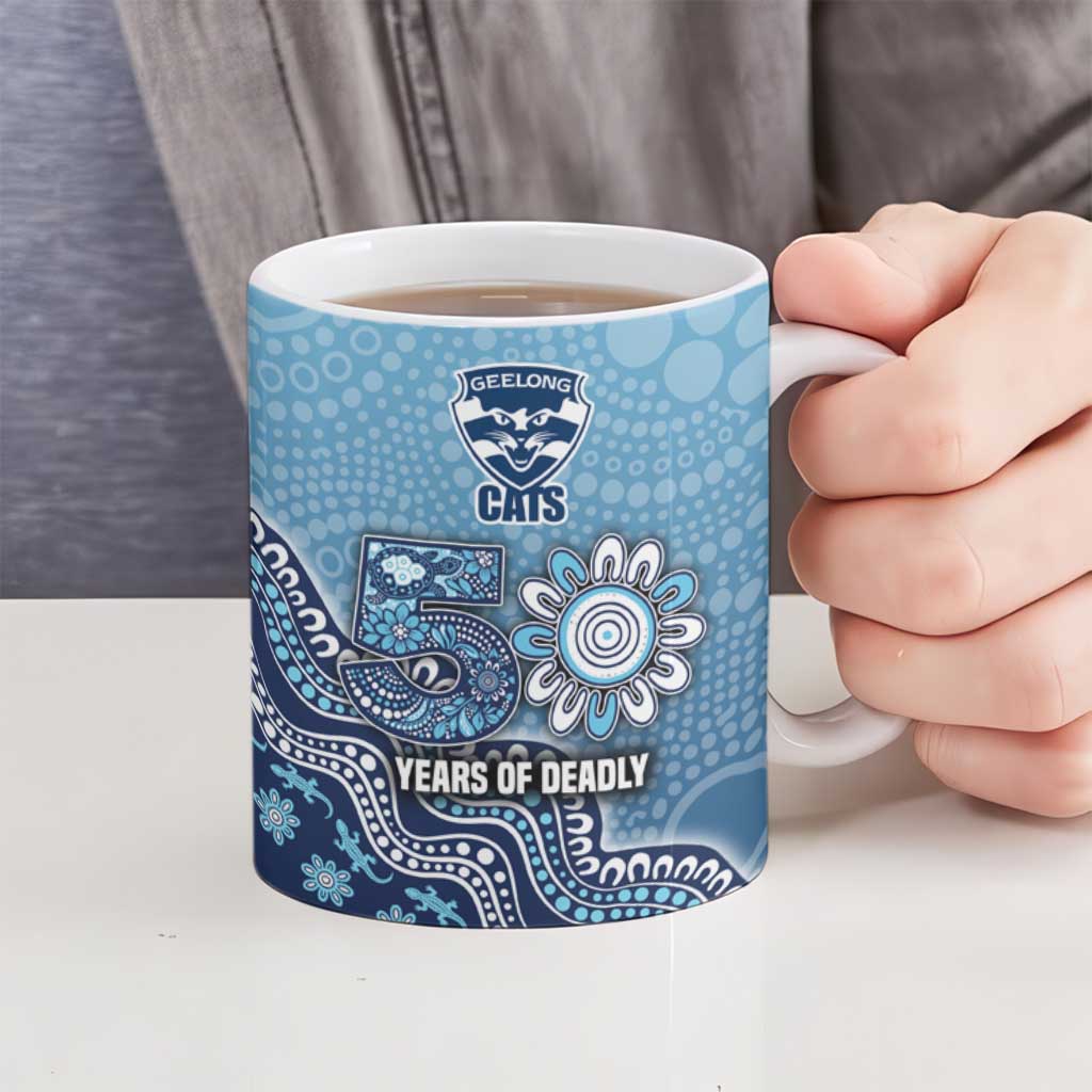 Personalized Geelong Cats Football Mascot Ceramic Mug Aboriginal Dot Art Style Vibrant Indigenous Pattern Design