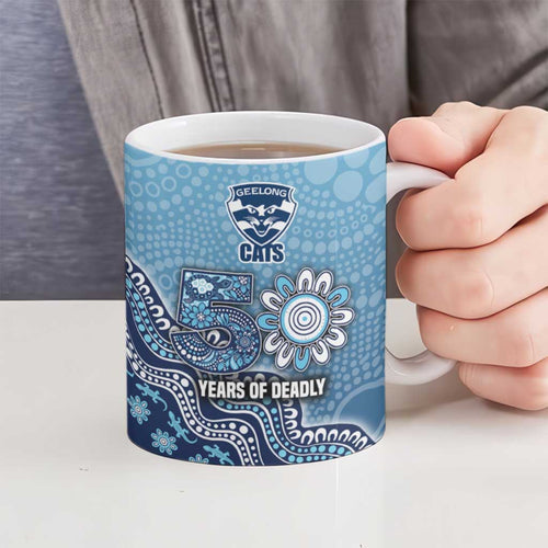 Personalized Geelong Cats Football Mascot Ceramic Mug Aboriginal Dot Art Style Vibrant Indigenous Pattern Design