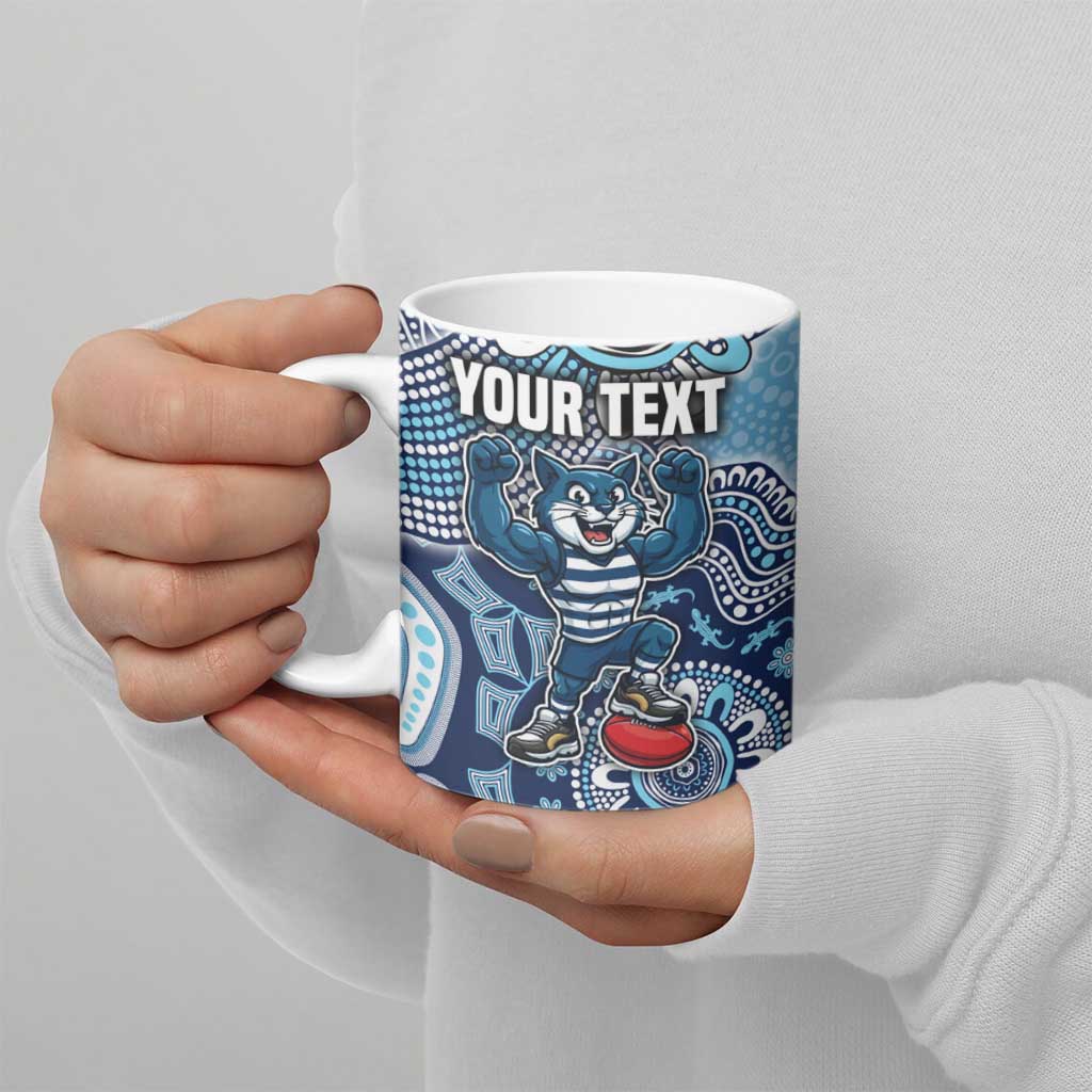 Personalized Geelong Cats Football Mascot Ceramic Mug Aboriginal Dot Art Style Vibrant Indigenous Pattern Design