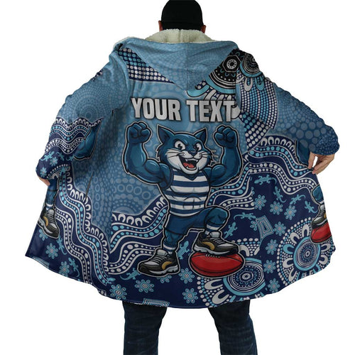 Personalized Geelong Cats Football Mascot Cloak Aboriginal Dot Art Style Vibrant Indigenous Pattern Design