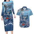 Personalized Geelong Cats Football Mascot Couples Matching Long Sleeve Bodycon Dress and Hawaiian Shirt Aboriginal Dot Art Style Vibrant Indigenous Pattern Design