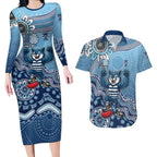 Personalized Geelong Cats Football Mascot Couples Matching Long Sleeve Bodycon Dress and Hawaiian Shirt Aboriginal Dot Art Style Vibrant Indigenous Pattern Design