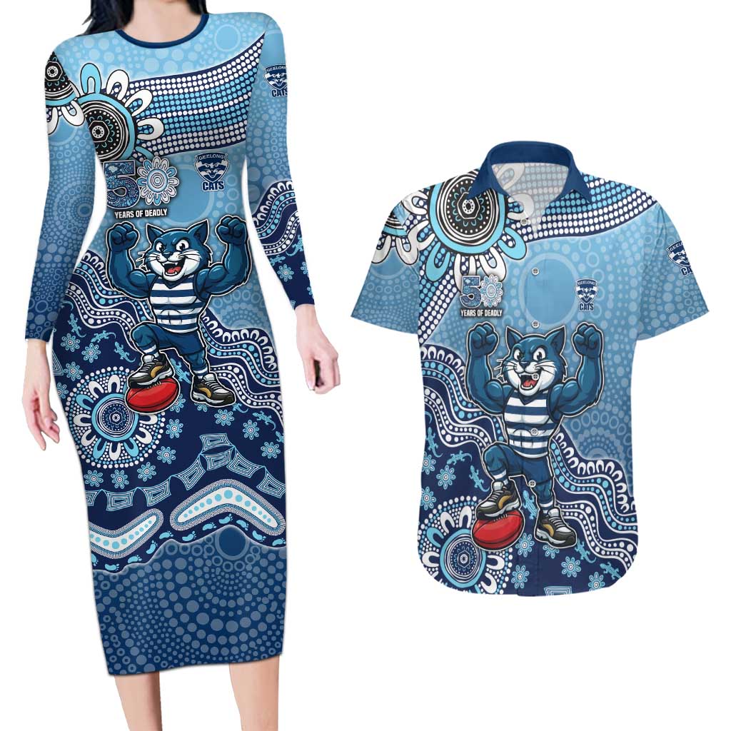 Personalized Geelong Cats Football Mascot Couples Matching Long Sleeve Bodycon Dress and Hawaiian Shirt Aboriginal Dot Art Style Vibrant Indigenous Pattern Design