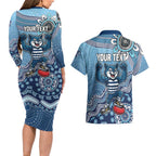 Personalized Geelong Cats Football Mascot Couples Matching Long Sleeve Bodycon Dress and Hawaiian Shirt Aboriginal Dot Art Style Vibrant Indigenous Pattern Design