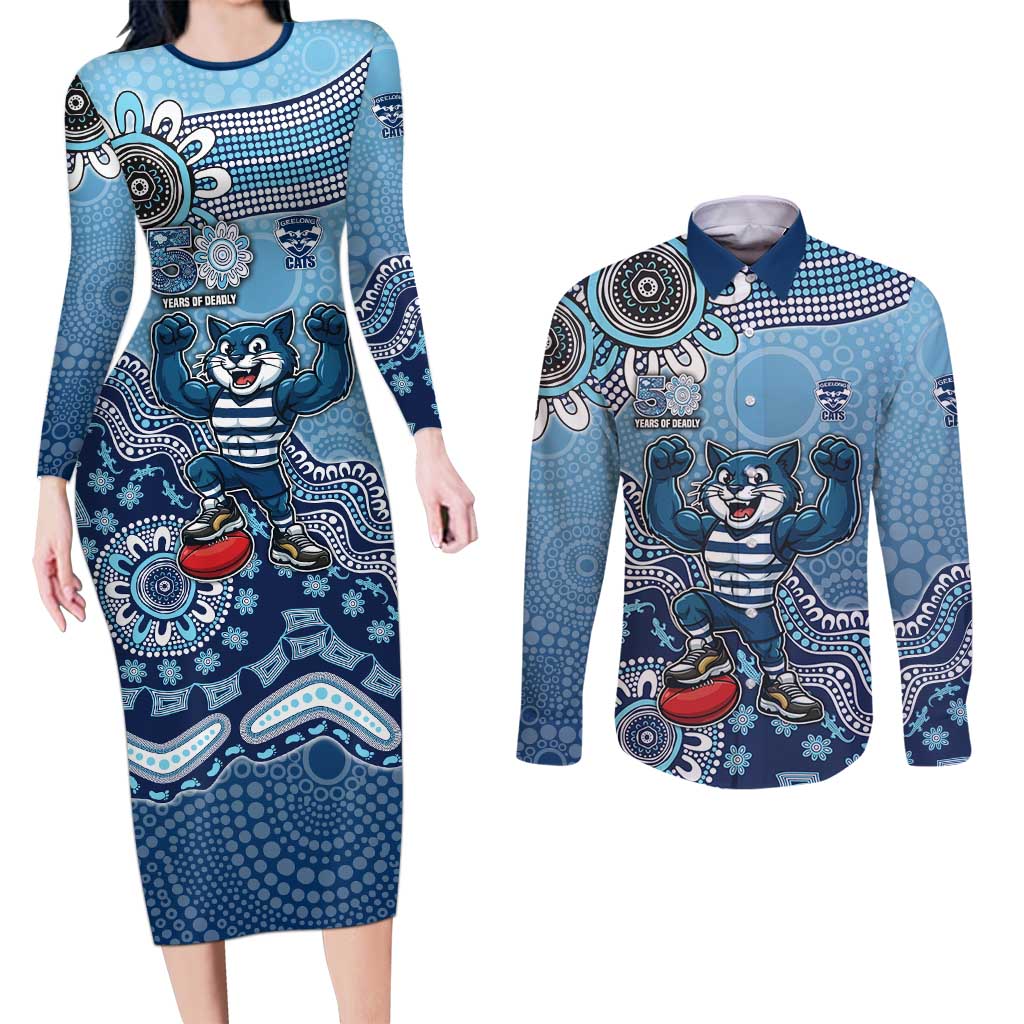 Personalized Geelong Cats Football Mascot Couples Matching Long Sleeve Bodycon Dress and Long Sleeve Button Shirt Aboriginal Dot Art Style Vibrant Indigenous Pattern Design