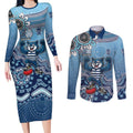 Personalized Geelong Cats Football Mascot Couples Matching Long Sleeve Bodycon Dress and Long Sleeve Button Shirt Aboriginal Dot Art Style Vibrant Indigenous Pattern Design