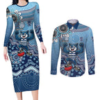 Personalized Geelong Cats Football Mascot Couples Matching Long Sleeve Bodycon Dress and Long Sleeve Button Shirt Aboriginal Dot Art Style Vibrant Indigenous Pattern Design