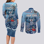 Personalized Geelong Cats Football Mascot Couples Matching Long Sleeve Bodycon Dress and Long Sleeve Button Shirt Aboriginal Dot Art Style Vibrant Indigenous Pattern Design