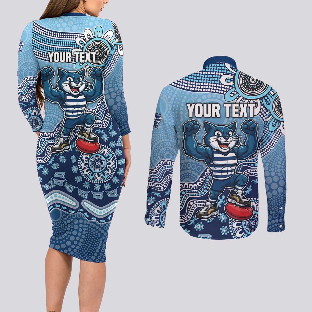 Personalized Geelong Cats Football Mascot Couples Matching Long Sleeve Bodycon Dress and Long Sleeve Button Shirt Aboriginal Dot Art Style Vibrant Indigenous Pattern Design