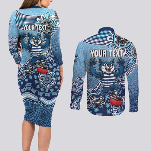 Personalized Geelong Cats Football Mascot Couples Matching Long Sleeve Bodycon Dress and Long Sleeve Button Shirt Aboriginal Dot Art Style Vibrant Indigenous Pattern Design