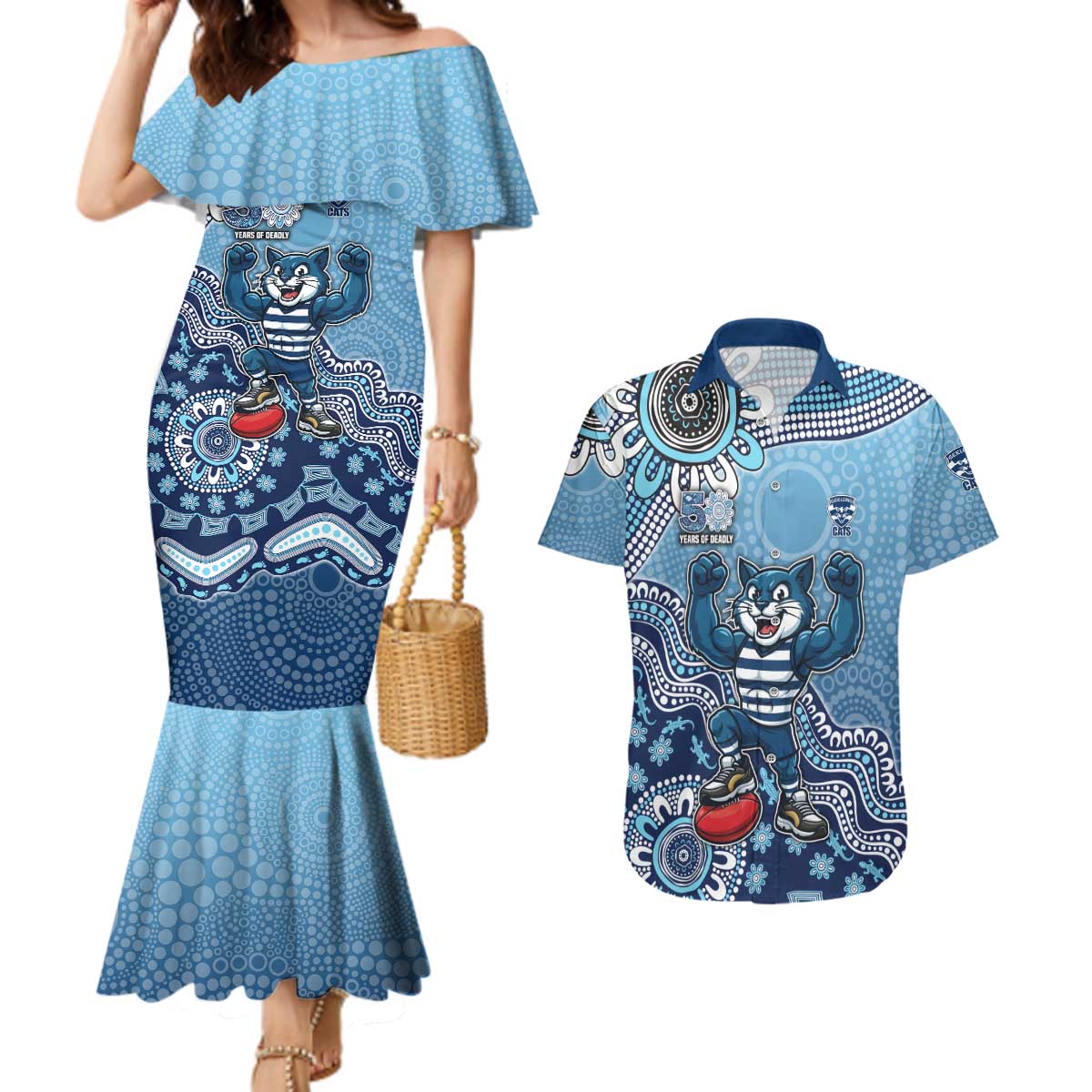 Personalized Geelong Cats Football Mascot Couples Matching Mermaid Dress and Hawaiian Shirt Aboriginal Dot Art Style Vibrant Indigenous Pattern Design
