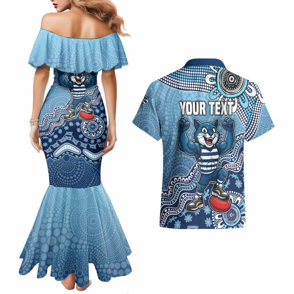 Personalized Geelong Cats Football Mascot Couples Matching Mermaid Dress and Hawaiian Shirt Aboriginal Dot Art Style Vibrant Indigenous Pattern Design