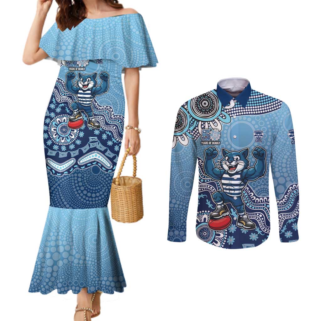 Personalized Geelong Cats Football Mascot Couples Matching Mermaid Dress and Long Sleeve Button Shirt Aboriginal Dot Art Style Vibrant Indigenous Pattern Design