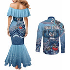 Personalized Geelong Cats Football Mascot Couples Matching Mermaid Dress and Long Sleeve Button Shirt Aboriginal Dot Art Style Vibrant Indigenous Pattern Design