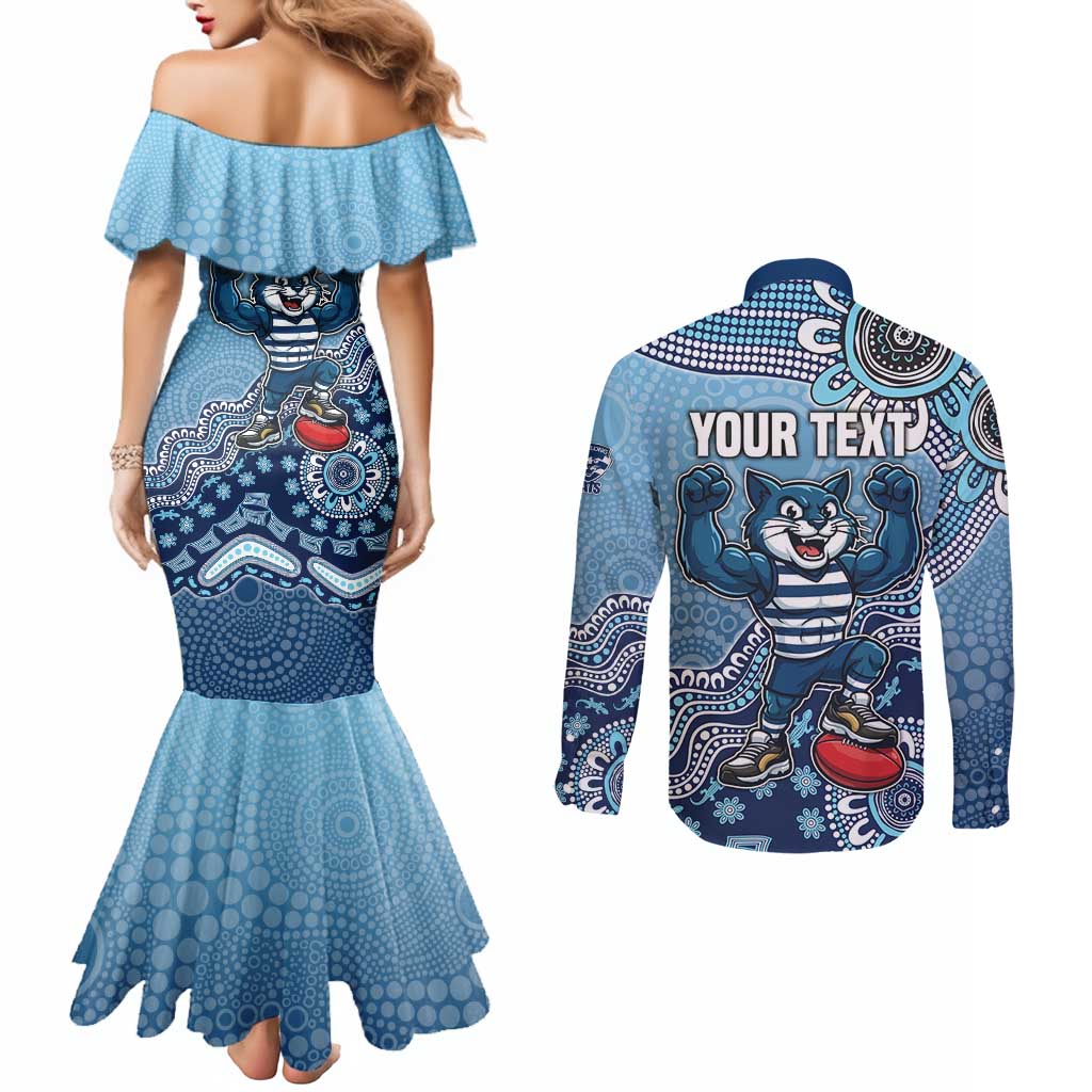 Personalized Geelong Cats Football Mascot Couples Matching Mermaid Dress and Long Sleeve Button Shirt Aboriginal Dot Art Style Vibrant Indigenous Pattern Design
