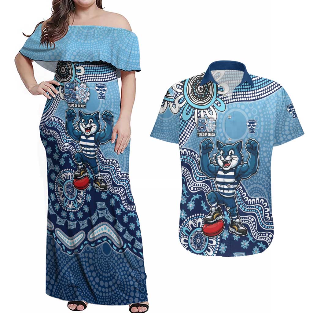 Personalized Geelong Cats Football Mascot Couples Matching Off Shoulder Maxi Dress and Hawaiian Shirt Aboriginal Dot Art Style Vibrant Indigenous Pattern Design