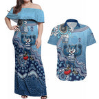 Personalized Geelong Cats Football Mascot Couples Matching Off Shoulder Maxi Dress and Hawaiian Shirt Aboriginal Dot Art Style Vibrant Indigenous Pattern Design
