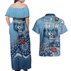 Personalized Geelong Cats Football Mascot Couples Matching Off Shoulder Maxi Dress and Hawaiian Shirt Aboriginal Dot Art Style Vibrant Indigenous Pattern Design