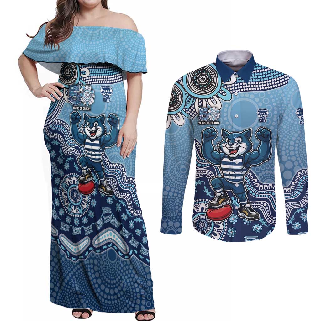 Personalized Geelong Cats Football Mascot Couples Matching Off Shoulder Maxi Dress and Long Sleeve Button Shirt Aboriginal Dot Art Style Vibrant Indigenous Pattern Design