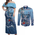 Personalized Geelong Cats Football Mascot Couples Matching Off Shoulder Maxi Dress and Long Sleeve Button Shirt Aboriginal Dot Art Style Vibrant Indigenous Pattern Design
