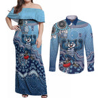 Personalized Geelong Cats Football Mascot Couples Matching Off Shoulder Maxi Dress and Long Sleeve Button Shirt Aboriginal Dot Art Style Vibrant Indigenous Pattern Design