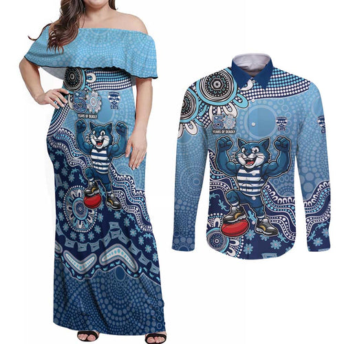 Personalized Geelong Cats Football Mascot Couples Matching Off Shoulder Maxi Dress and Long Sleeve Button Shirt Aboriginal Dot Art Style Vibrant Indigenous Pattern Design