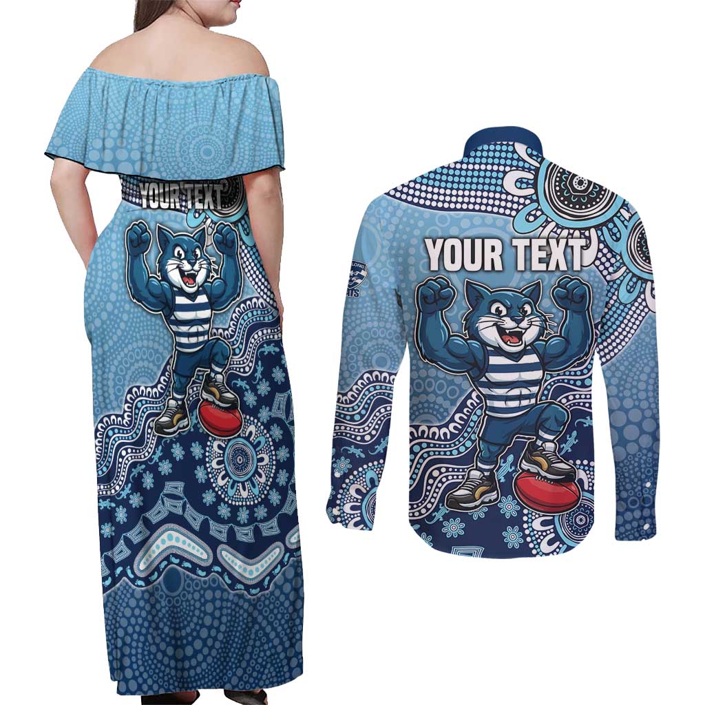Personalized Geelong Cats Football Mascot Couples Matching Off Shoulder Maxi Dress and Long Sleeve Button Shirt Aboriginal Dot Art Style Vibrant Indigenous Pattern Design