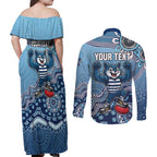 Personalized Geelong Cats Football Mascot Couples Matching Off Shoulder Maxi Dress and Long Sleeve Button Shirt Aboriginal Dot Art Style Vibrant Indigenous Pattern Design
