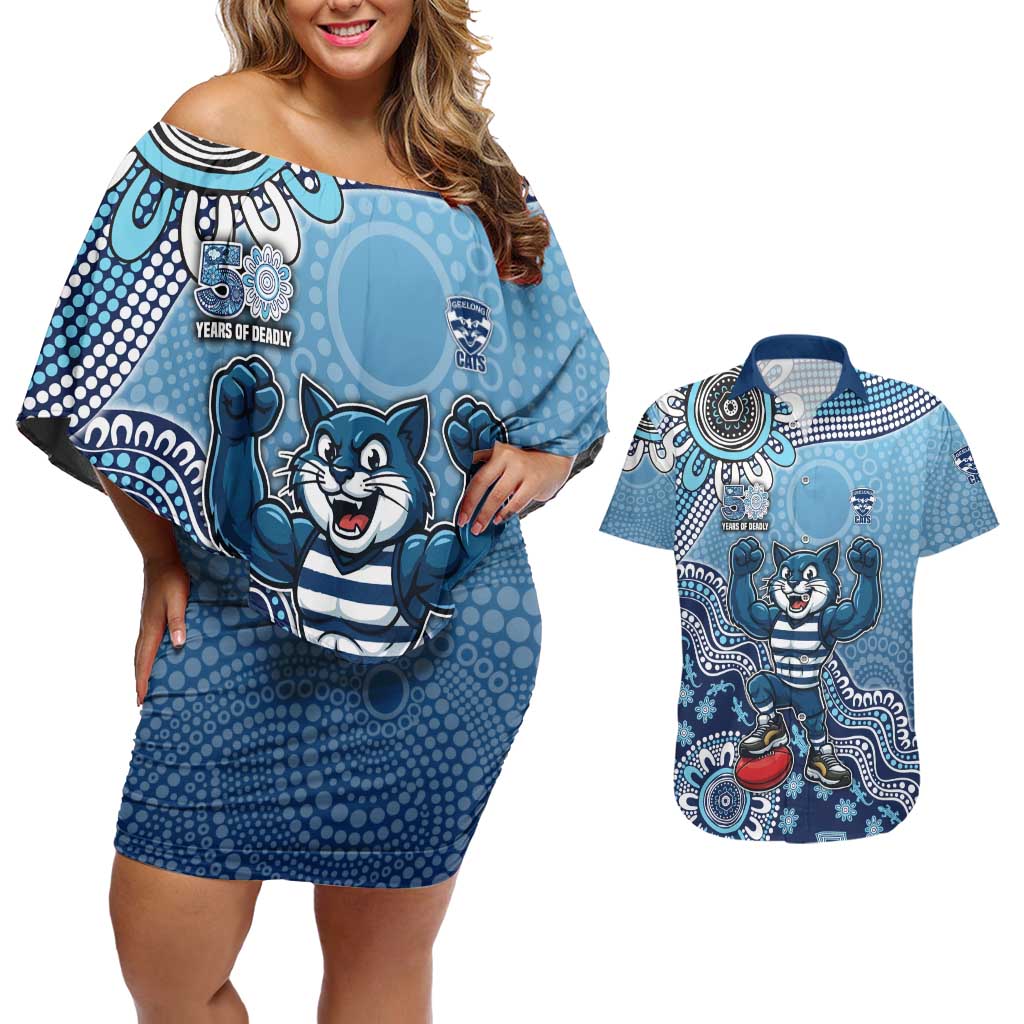 Personalized Geelong Cats Football Mascot Couples Matching Off Shoulder Short Dress and Hawaiian Shirt Aboriginal Dot Art Style Vibrant Indigenous Pattern Design