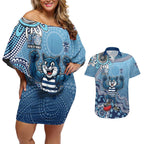 Personalized Geelong Cats Football Mascot Couples Matching Off Shoulder Short Dress and Hawaiian Shirt Aboriginal Dot Art Style Vibrant Indigenous Pattern Design