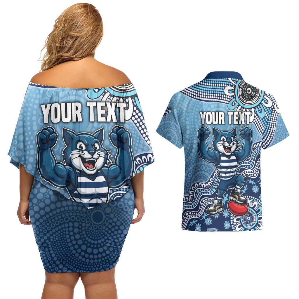 Personalized Geelong Cats Football Mascot Couples Matching Off Shoulder Short Dress and Hawaiian Shirt Aboriginal Dot Art Style Vibrant Indigenous Pattern Design